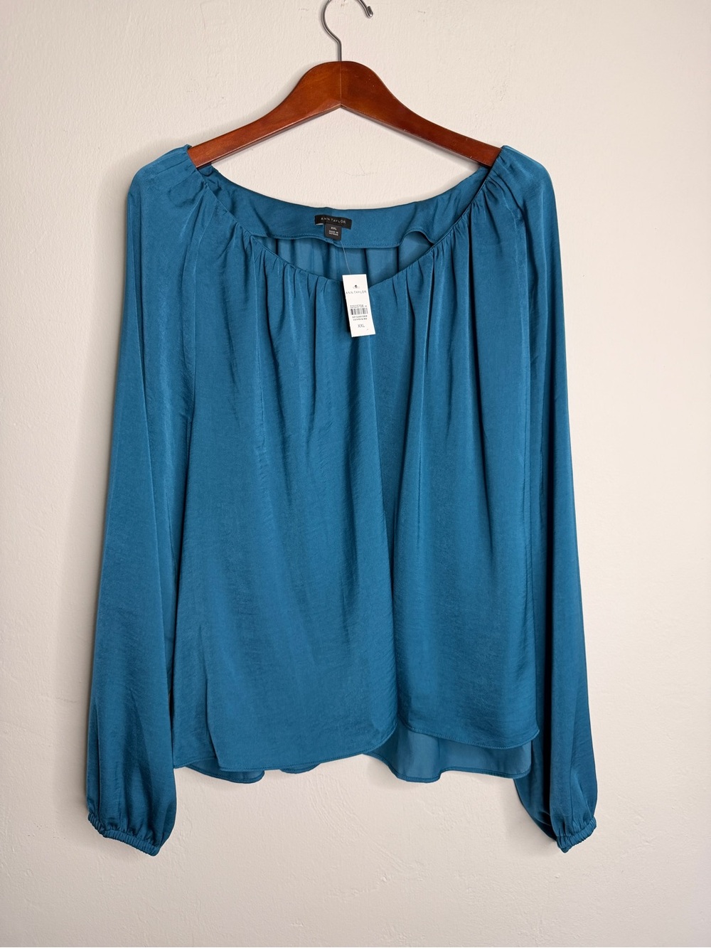 NWT Ann Taylor Teal Gathered Neck Long Sleeve Blouse XXL
